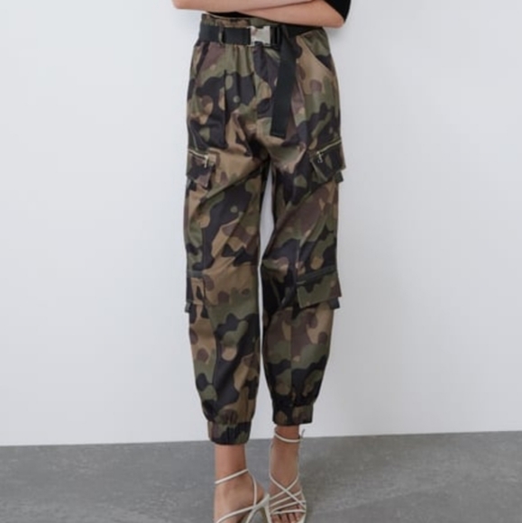 Zara Pants - NWOT Zara Basic Denim Belted Camo Pants Sz 6